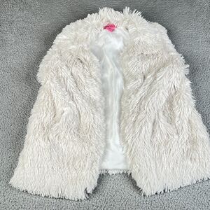 Betsey Johnson Faux Fur Vest Womens M White  Open Front Lined Shaggy Cropped